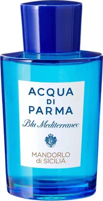 A product shot of a blue glass bottle of Acqua di Parma Blu Mediterraneo Mandorlo di Sicilia Eau de Toilette.