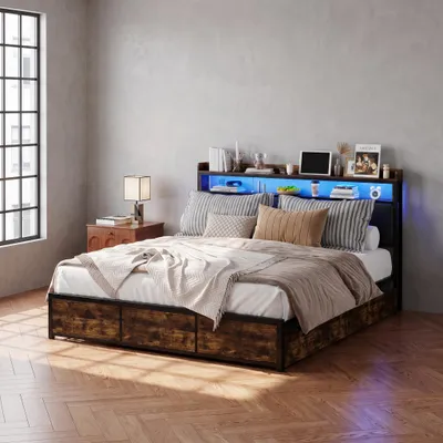 Produktbild von INONEFT Metallbett 180x200 mit Stauraum, Jugendbett Doppelbett mit LED und 4 Schubladen, Funktionsbett Stauraumbett mit Kopfteil-Ablage, PU