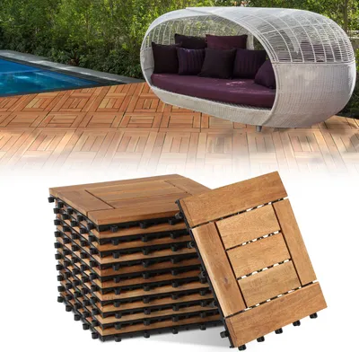 Produktbild von Jayseuw 44 Stück Holzfliesen Mosaik 4 qm, 30x30cm Terrassenfliesen Klickfliesen Balkonfliesen mit Drainagensystem, Wetterfest aus Akazienholz