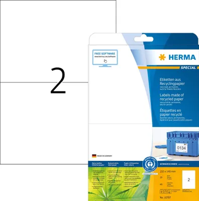 Produktbild von Etiketten Recyclingpapier A4 210x148mm weiß VE=32x20 Blatt/40 Stück