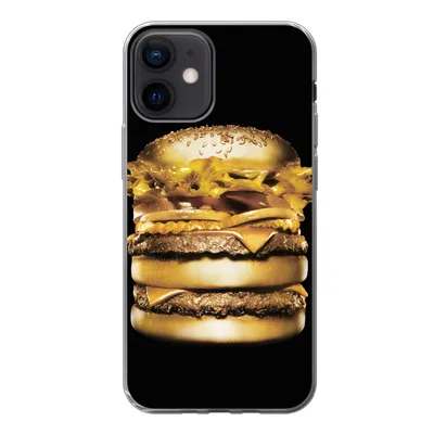 Produktbild von MuchoWow® Handyhülle Schutzhülle Hülle für iPhone 12 Goldener Hamburger auf schwarzem Hintergrund. Silikon Softcase Handy Hülle - Schutzhülle