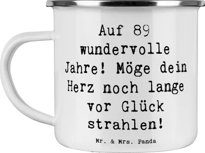 Produktbild von Mr. & Mrs. Panda Teetasse Spruch 89. Geburtstag - Weiß - Geschenk, Happy Birthday, 89, Weisheit und Liebe, Geburtstagsgeschenk, Outdoor Tasse, Alter, Pott, Emaille