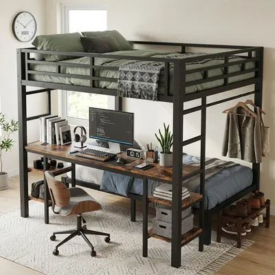 Immagine prodotto di Letto a castello MODFU 140x200/90x200, letto per ragazzi con scrivania, struttura in metallo con appendiabiti e stazione di ricarica, letto a soppalco con scala, senza materasso, colore nero