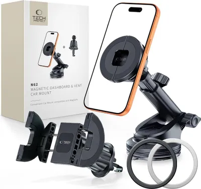 Obrázok produktu pre Držiak na mobil do auta Tech-Protect N62, univerzálny, montáž na čelné sklo, palubnú dosku alebo mriežku ventilácie, čierny