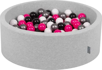Zdjęcie produktu dla KiddyMoon suchy basen okrągły z piłeczkami 7cm jasnoszary: biały-czarny-srebrny-ciemny róż 90x30cm/200piłek zabawka basen piankowy