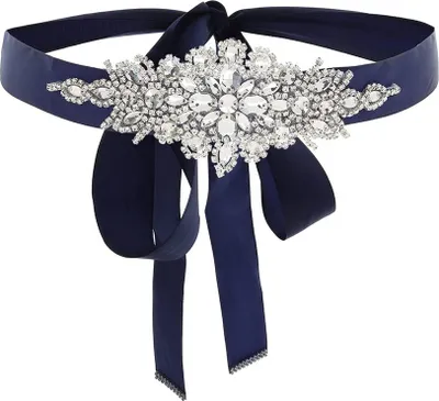 Produktbild von Strass Hochzeit Gürtel Kristall Schärpe Applikationen Gürtel Braut Abschlussball Kleidergürtel mit Navy blau Schleife zum Frau und Mädchen