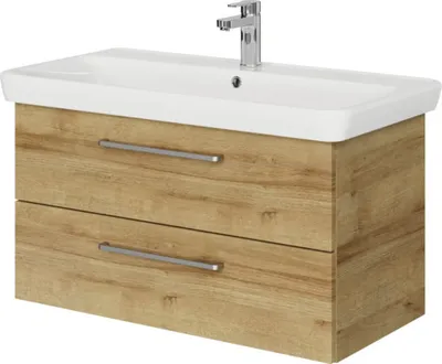 Produktbild von Pelipal Badmöbel-Set Sunline 105 BxHxT 96 x 56 x 48,5 cm Frontfarbe Eiche riviera mit Keramik-Waschtisch und Waschtischu