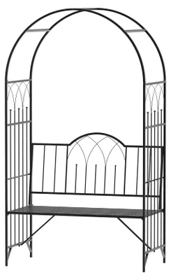 Produktbild von Rosenbogen mit Bank Rosenbank Laubenbank Philosophenbank Rankgitter Rankhilfe Gartenbank Metall Schwarz 115 x 59 x 203 cm