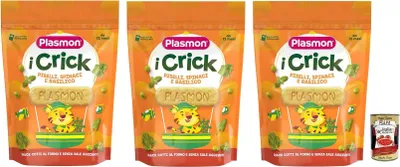 Produktbild von 3x Plasmon i Crick,Snacks mit Erbsen, Spinat, Basilikum Geschmack Beutel mit 100g + Italian Gourmet Polpa di Pomodoro 400g Dose