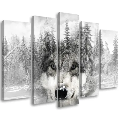 Image de Tableau en toile 5 pièces « Loup dans la forêt » 200 x 100 cm Feeby gris, prêt à accrocher