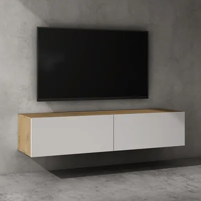 Image de doporro Meuble TV Bas 140x40,2x30cm Armoire TV Marron Clair + Blanc Mat Table de Télévision Salon avec Portes Meuble TV Suspendu MBTV02