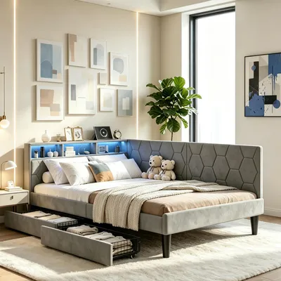 Immagine prodotto di Letto imbottito INONEFT, 140x200 cm, letto per ragazzi con LED e porta USB-C, e spazio contenitivo nella testiera, letto matrimoniale con 2 cassetti, struttura del letto con rete a doghe, tessuto velluto, colore grigio
