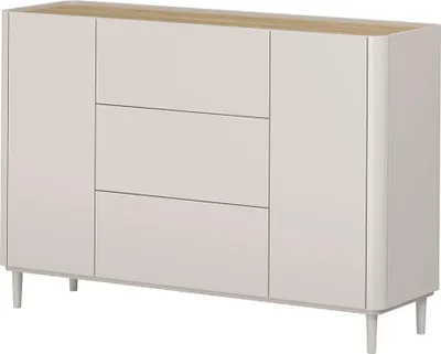 Produktbild von Wohnzimmer Kommode mit 150 cm Breite in Beige mit Eiche, 2 Türen & 3 Schubladen, mit Holzfüßen - ELOY-141