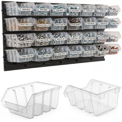 Obrázek produktu pro Nástěnná police do dílny s 28 průhlednými úložnými boxy, úložný systém na šrouby, matice a drobné součástky, plast, 78 x 39 cm, rozměry boxů 155 x 105 x 70 mm, nosnost až 20 kg, do garáže, skladu a dílny