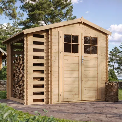 A wooden garden shed with an attached log store, set in an outdoor environment with trees and a paved patio.