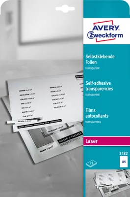 Produktbild von Avery Zweckform 3482, Transparente, selbstklebende Folien, A4, einseitig beschichtet, 25 Bogen