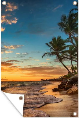 Produktbild von MuchoWow® 80x120 cm Outdoor-Poster Gartendeko Sichtschutz Garten Poster für den Garten  Strand - Sonnenuntergang - Meer - Palme