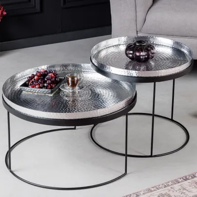 Produktbild von riess-ambiente 2er Set Runde Couchtische ELEMENTS 60cm silber schwarz Metall Tabletttisch Beistelltisch Tisch