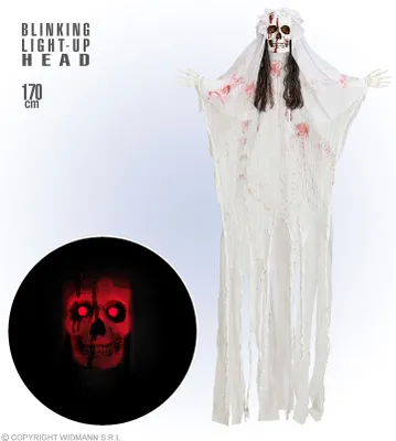 Obrázek produktu pro Závěsná figurka "Krvavá kostlivcova nevěsta" Svítící hlava 170 cm | Halloween dekorace
