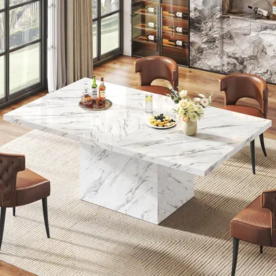 Image de Table rectangulaire imitation marbre, blanche, dimensions 160x80x76 cm, pour 4 à 6 personnes
