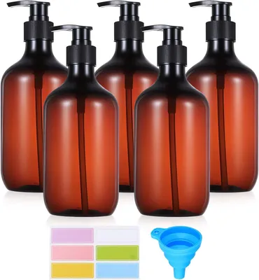 Produktbild von 5 Nachfüllbare Shampoo-Flaschen, 500ml Pumpspender für Duschgel, Kunststoff Pumpflaschen mit Trichter und Etikett