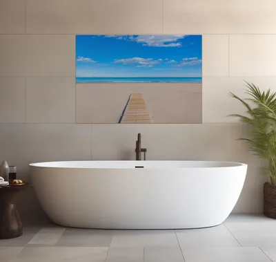 Produktbild von Wallario wasserfestes Poster selbstklebend 70 x 100 cm, Auf dem Holzweg zum blauen Meer, Badezimmerposter Spritzschutz mit Hochglanzoberfläche in Glasoptik