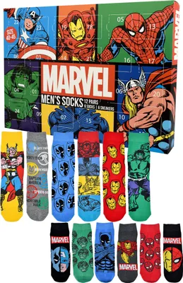 A collage of a Marvel-themed advent calendar box and several pairs of socks.
