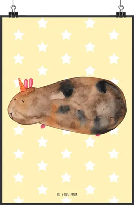 Produktbild von Mr. & Mrs. Panda Bild Einhorn Meerschweinchen DIN A2 - Gelb Pastell - Geschenk, drucke, Plakat, Unicorn, Einhörner, kunstdruck poster, Meerhörnchen, Wandbild, wanddeko