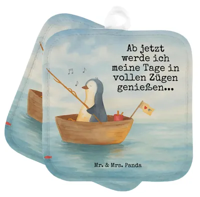 Produktbild von Mr. & Mrs. Panda Topflappen Pinguin Angelboot Design - Weiß - Geschenk, Kochlappen, Motivation, Scheidung, Boot, Topflappenset, topfhalter, Set, Optimistisch