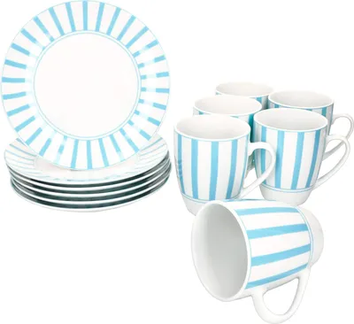 Image de Split turquoise 12 pièces Set de petit-déjeuner Porcelaine Assiettes rayées Tasses
