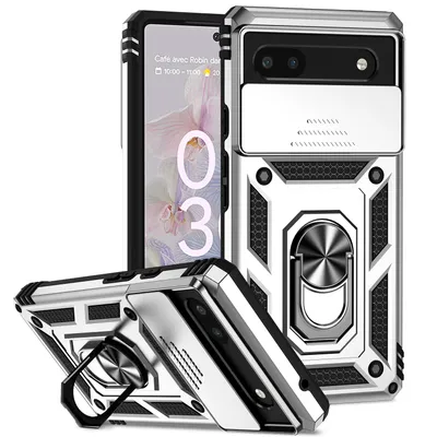 Obrázek produktu pro Pouzdro pro Google Pixel 6A dvouvrstvé pouzdro s posuvným krytem kamery a prstencovým stojánkem Stříbro