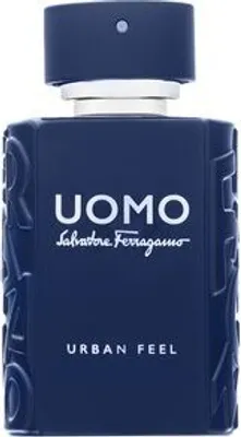 A dark blue bottle of Salvatore Ferragamo Uomo Urban Feel Eau de Toilette for men.