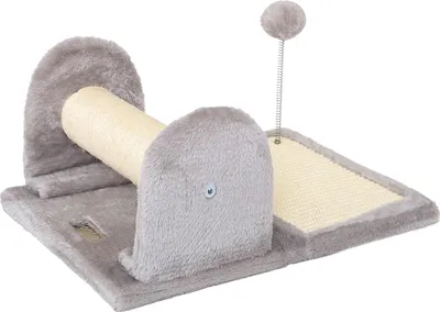 A cat scratching post with a toy ball.