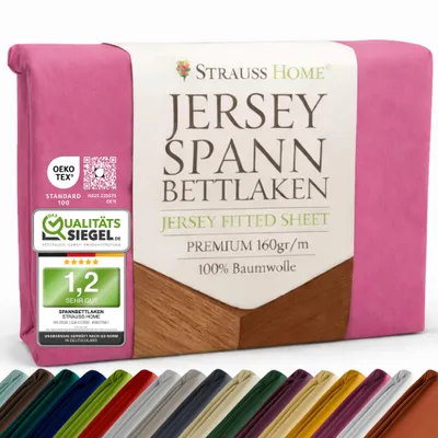 Produktbild von Strauss Home® Premium Spannbettlaken – 160 g/m² Gekämmte Baumwolle – Jersey in Hotelqualität – Formstabil & Langlebig – Rundumgummi – Für Matratzen bis 27 cm – 180x200-200x200 cm - Berry / Rosa