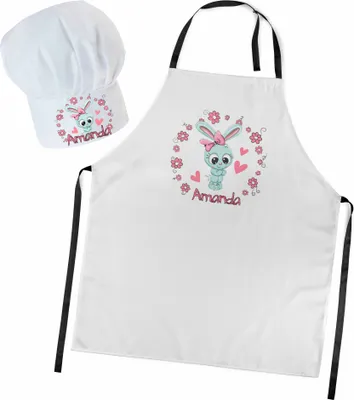 Produktbild von Personalisierte Kochmütze + Kochschürze Set 2tlg. Für Kinder, Jungen und Mädchen, Weiß, Schürze mit Ihrem Namen, Liebes Kaninchen [099]