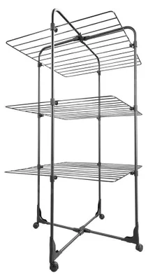 A three-tiered drying rack with wheels.