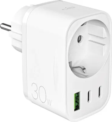Immagine prodotto di Puro 30W Caricatore Power Delivery con spina e presa Schuko 2X Usb-C + 1X Usb-A - Bianco