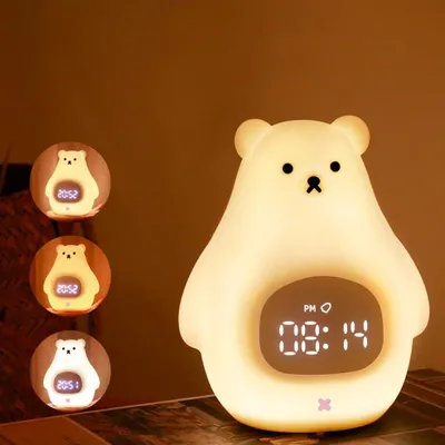 Produktbild von Niedlicher Teddybär, Kinder-Wecker, niedliches Nachtlicht mit LCD-Hintergrundbeleuchtung, leuchtend, Schlummerfunktion, kabellos, wiederaufladbar