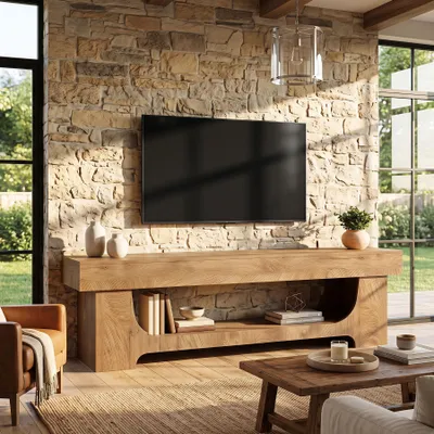 Productafbeelding van Wanbor TV-meubel voor televisies tot 75 inch, 160 cm breed TV-kast in landelijke stijl, houten TV-tafel met opbergruimte, TV-meubel, TV-bank voor de woonkamer