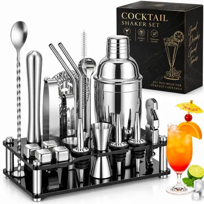 Produktbild von Cocktail Shaker Set 24-teilig aus Edelstahl – Boston Barkeeper Set mit Acryl-Ständer, 750 ml, Bar Zubehör für Cocktails