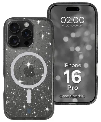 Produktbild von Glitzer Hülle mit Magnetring für iPhone 16 Pro, Bizon Case SparklO, Transparent-Schwarz mit Glitzer