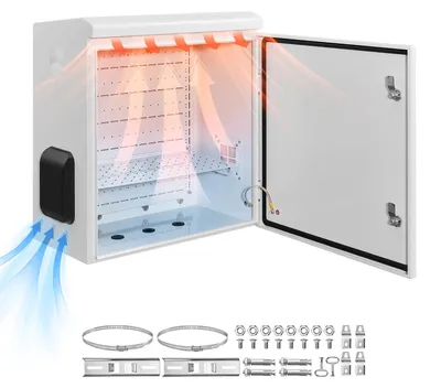 Produktbild von Elektrogehäuse IP65 - Schaltschrank 60 x 30 x 60 cm - Kaltgewalzter Stahl - Mit Thermostat und Lüfter - Regenabdeckung - Abschließbar - Für Außenbereich