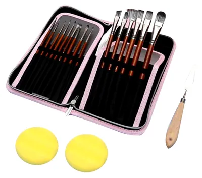 Produktbild von 18-teiliges Malpinsel-Set mit Holzgriffen und Malschwamm