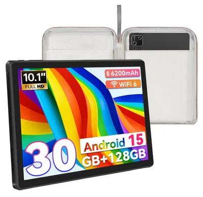 Obrázek produktu pro 10palcový tablet s pouzdrem, osmijádrový procesor, 30 GB RAM + 128 GB ROM, baterie 6200 mAh, duální fotoaparát, 5G a Wi-Fi, Android 15, černý