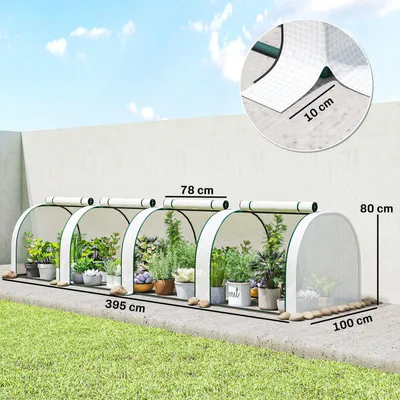Produktbild von Gewächshaus Folientunnel winterfest mit aufrollbaren Reißverschlusstüren Foliengewächshaus Stahlrahmen Kunststofffolie 395 x 100 x 80 cm für Garten