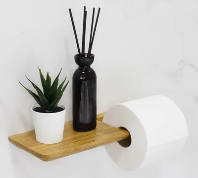 Produktbild von Bambus-Toilettenpapierhalter ohne Bohren - selbstklebend - mit Regal