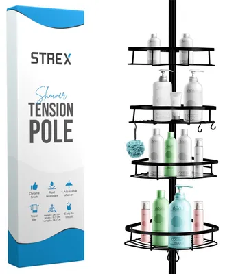 Productafbeelding van Strex Telescopisch Doucherek Zwart - Verstelbaar 70-275 cm - 4 Mandjes - Robuuste Kwaliteit - Bevestigen zonder Boren of Schroeven - Telescopisch Douche Rek Hoek