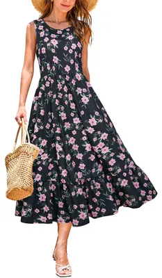 Produktbild von Sommerkleid Damen, Blumenkleid, Größe XL, A-Linie Midi Swing mit Taschen, für Fest