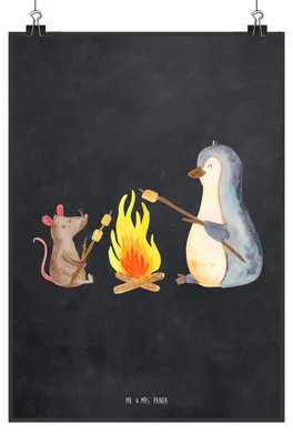 Produktbild von Mr. & Mrs. Panda Bild Pinguin Lagerfeuer DIN A3 - Kreidetafel - Geschenk, Job, drucke, Grillen, Kunstdruck, Wandbild, poster, Liebe, Arbeit, Maus, Wanddekoration