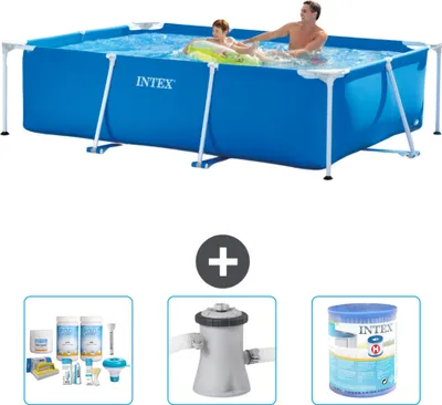 Produktbild von Intex-Schwimmbecken mit rechteckigem Rahmen – 260 x 160 x 65 cm – Blau – im Lieferumfang enthalten Wartungspaket - Filterpumpe für Schwimmbad - Filter